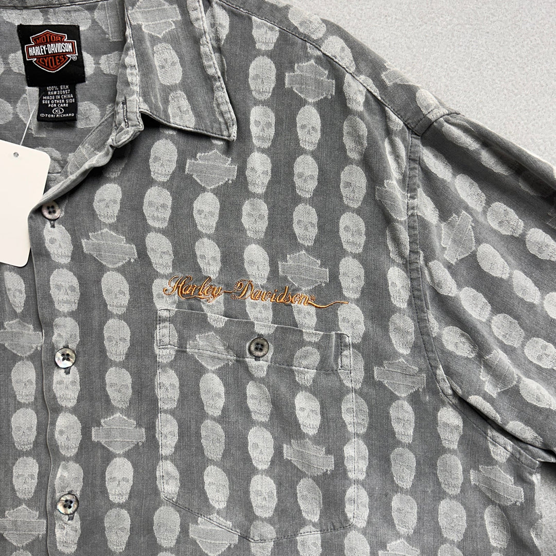 Vintage Harley Davidson Skull Print Silk Shirt Size XL