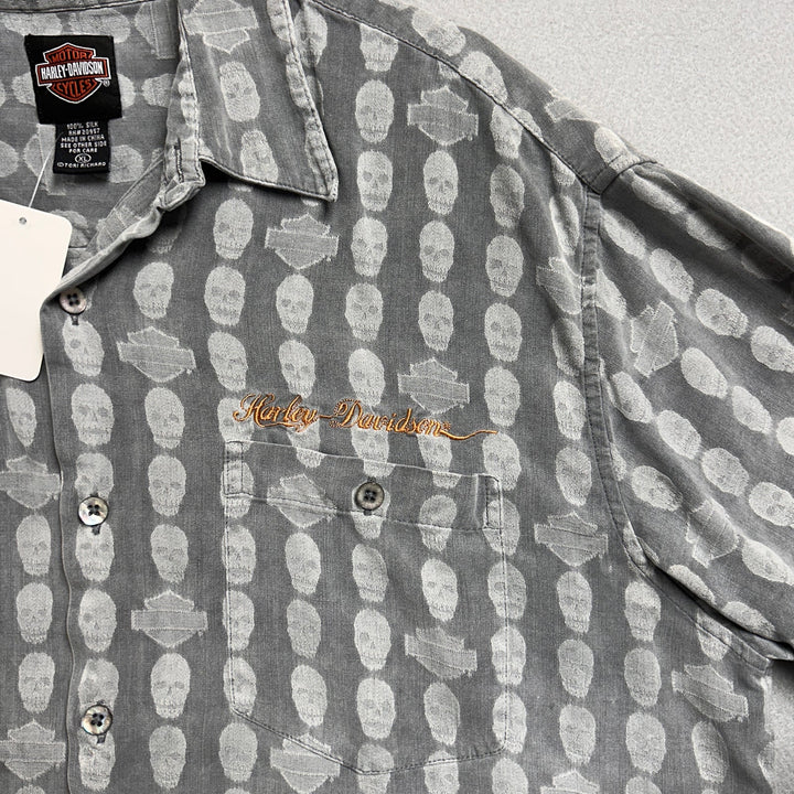 Vintage Harley Davidson Skull Print Silk Shirt Size XL
