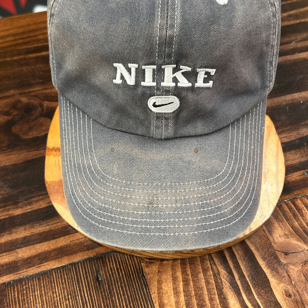 Vintage 2000s Grey Nike Embroidered Spell Out Swoosh Distressed Strapback Hat