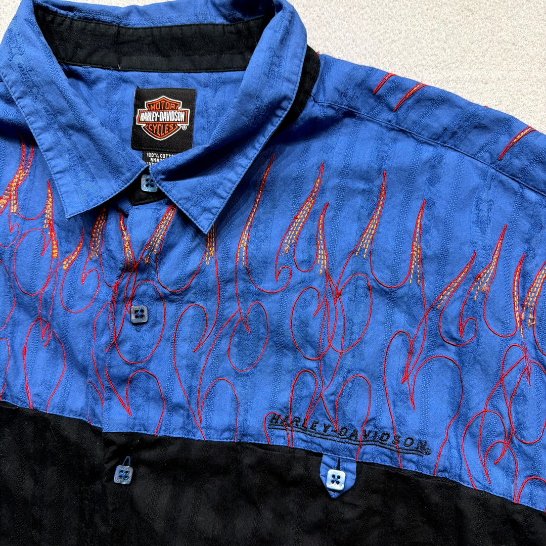 Vintage Harley Davidson Embroidered Flames Y2K Button Up Shirt Size XXL