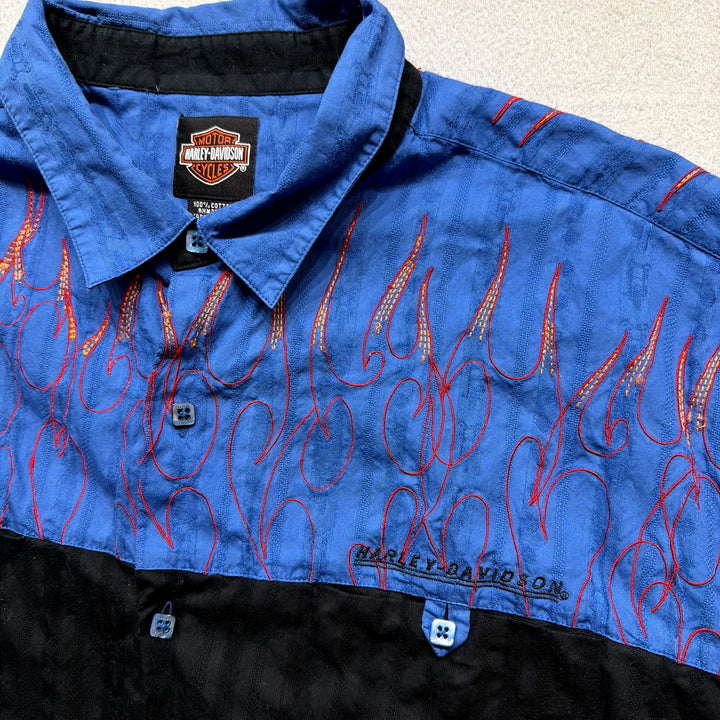 Vintage Harley Davidson Embroidered Flames Y2K Button Up Shirt Size XXL