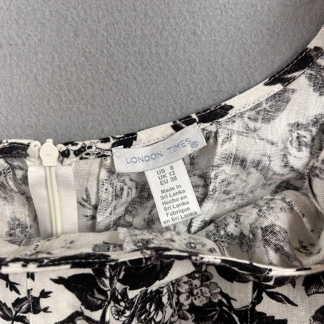 London Times Women's White/Black Floral A-Line Knee Length Linen Dress Size 8