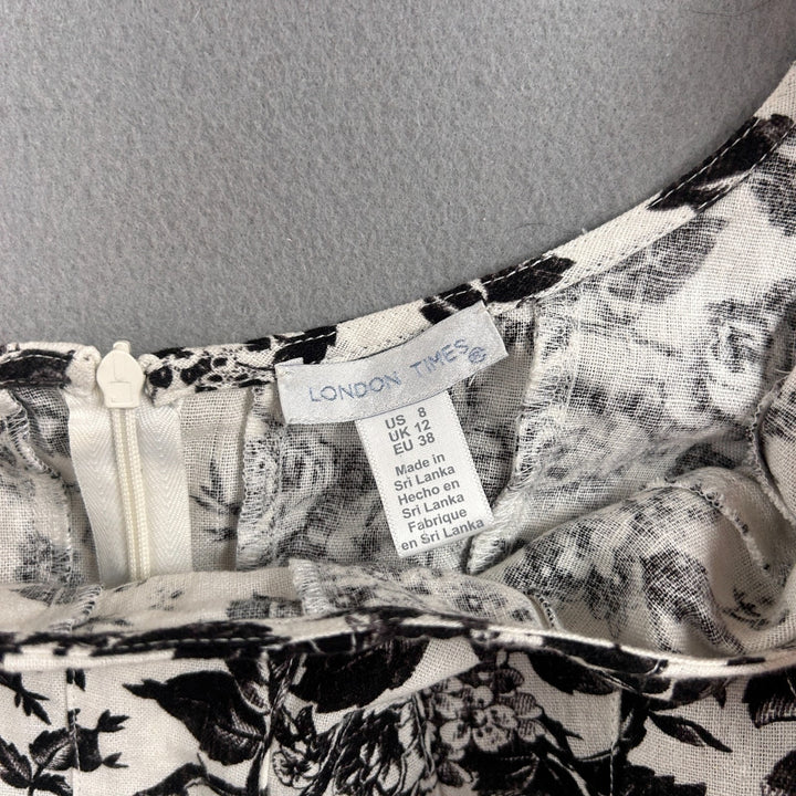 London Times Women's White/Black Floral A-Line Knee Length Linen Dress Size 8