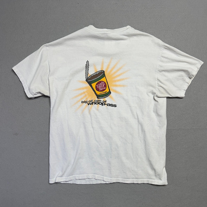 Vintage 90s Ernie Ball "Can of Whoop-Ass" Guitar Strings White T Shirt Size L
