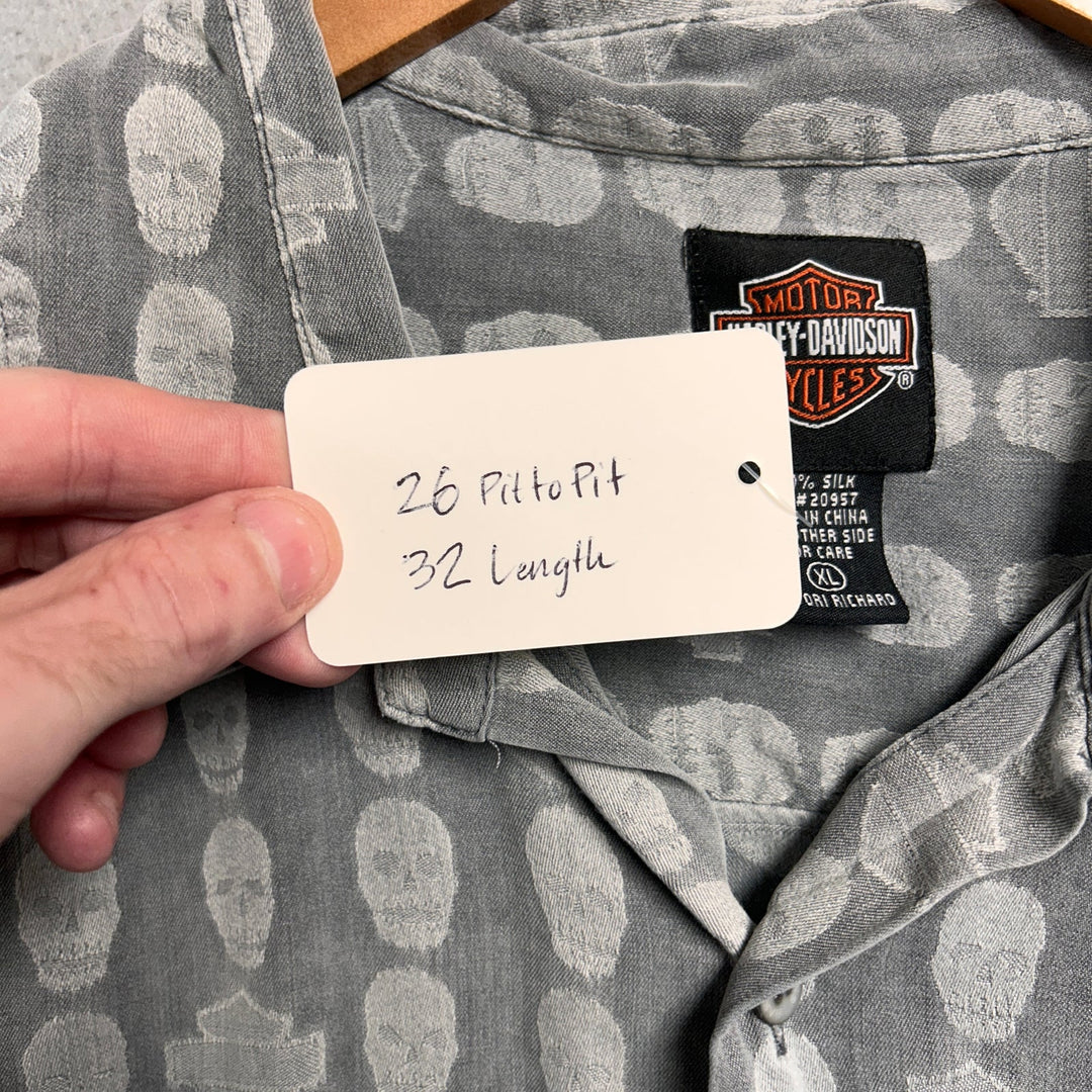 Vintage Harley Davidson Skull Print Silk Shirt Size XL