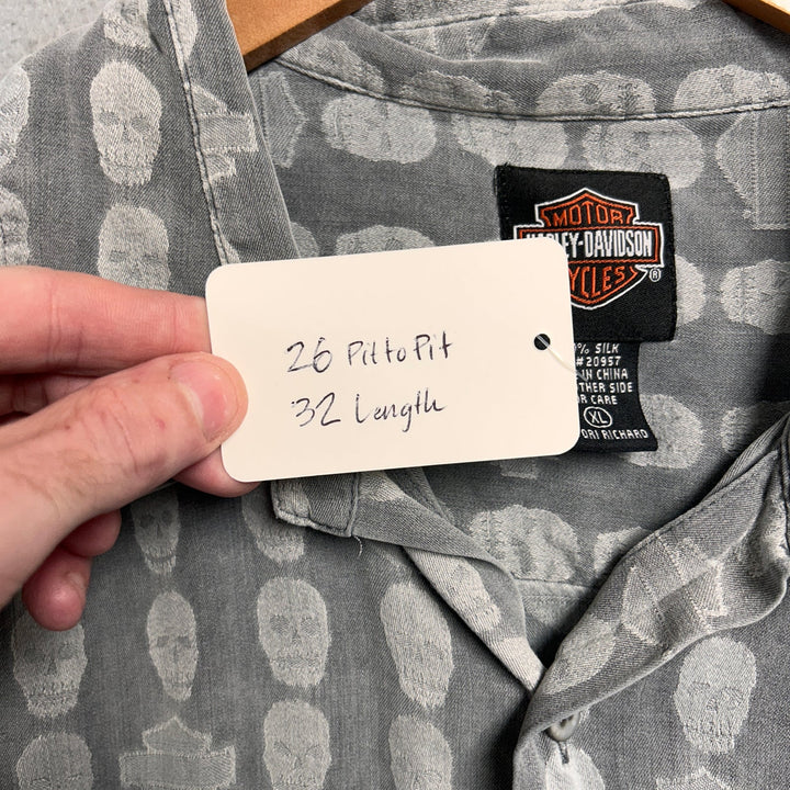 Vintage Harley Davidson Skull Print Silk Shirt Size XL