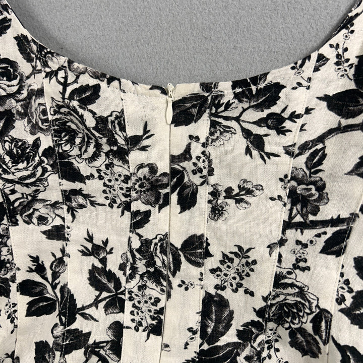 London Times Women's White/Black Floral A-Line Knee Length Linen Dress Size 8