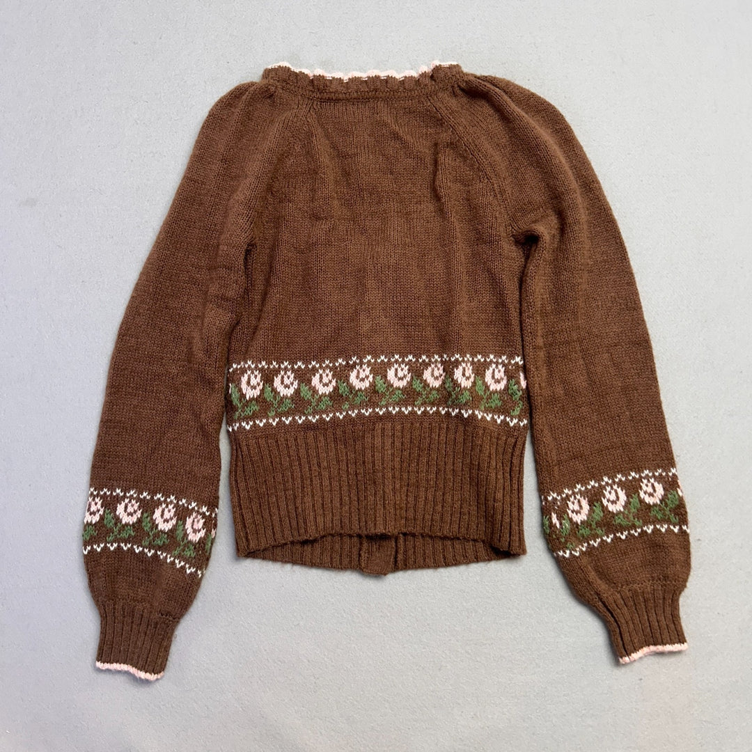 Kimchi Blue UO Alice Femme Fair Isle Brown Cropped Cardigan Sweater Flowers M
