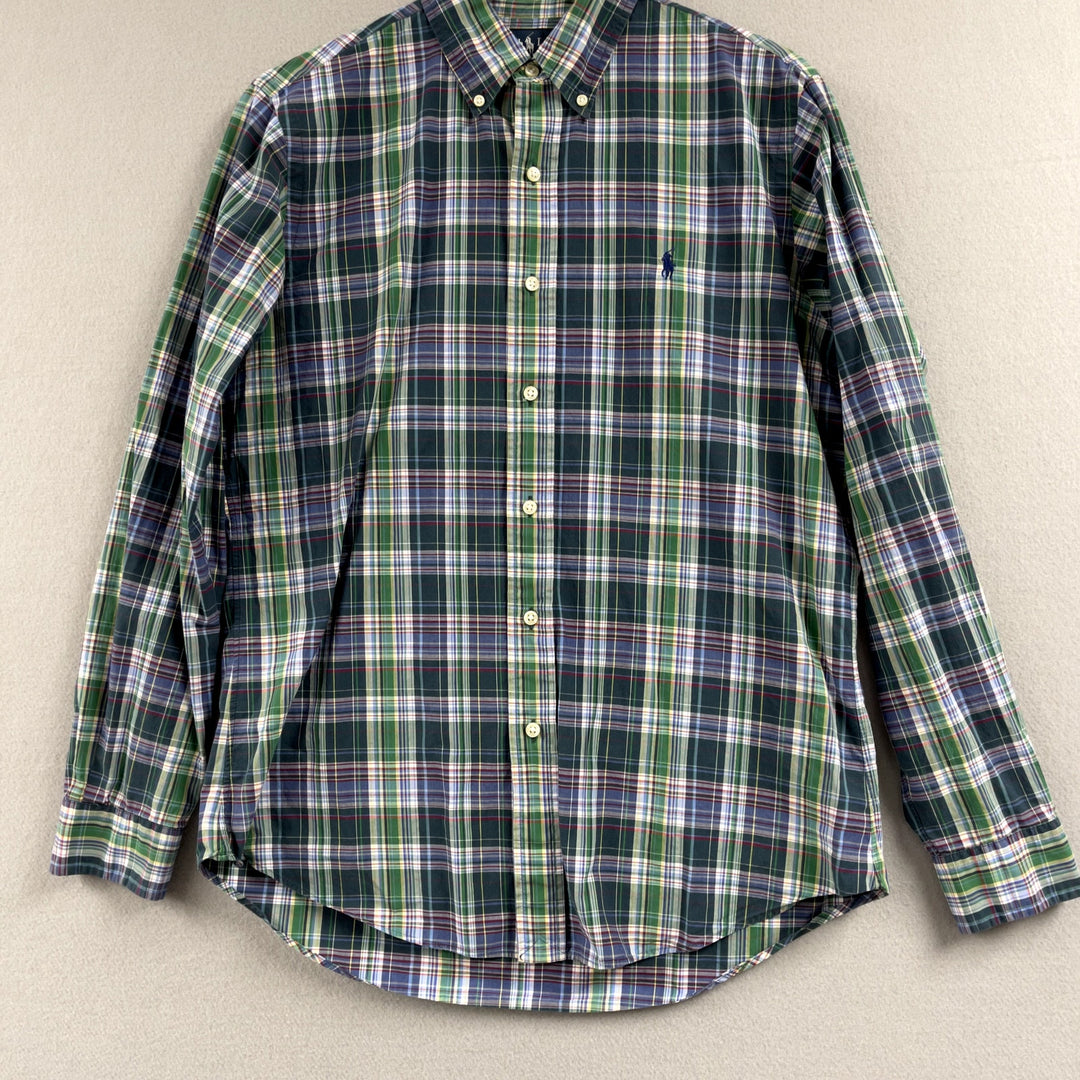 Men's Polo Ralph Lauren Green Blue Plaid Button Down Shirt Size Medium