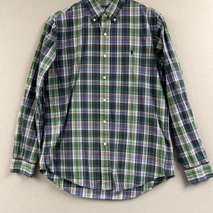 Men's Polo Ralph Lauren Green Blue Plaid Button Down Shirt Size Medium