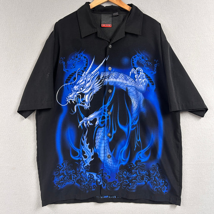 Y2K Men's C-Two Blue Dragon AOP Short Sleeve Button Up Size XL