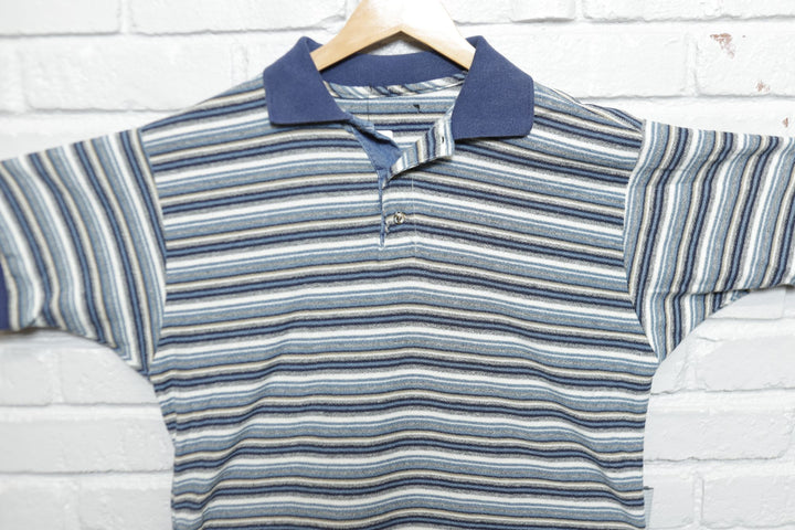 Blue Striped Vintage Polo Shirt Large 90s