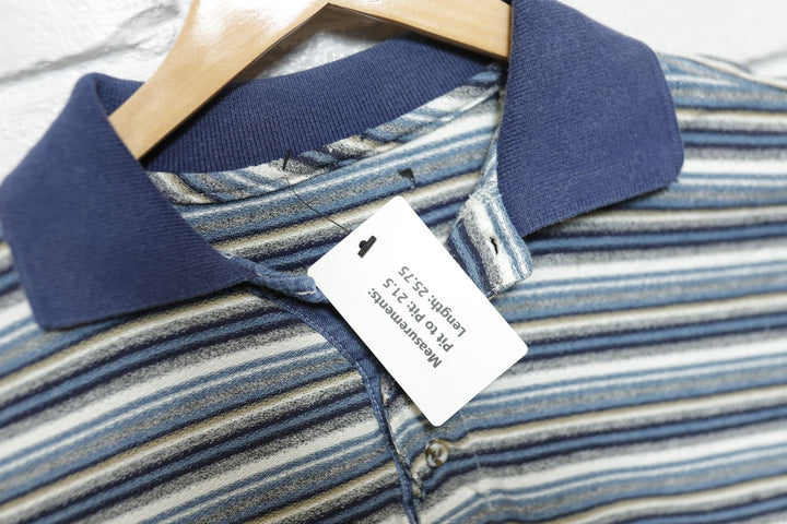 Blue Striped Vintage Polo Shirt Large 90s