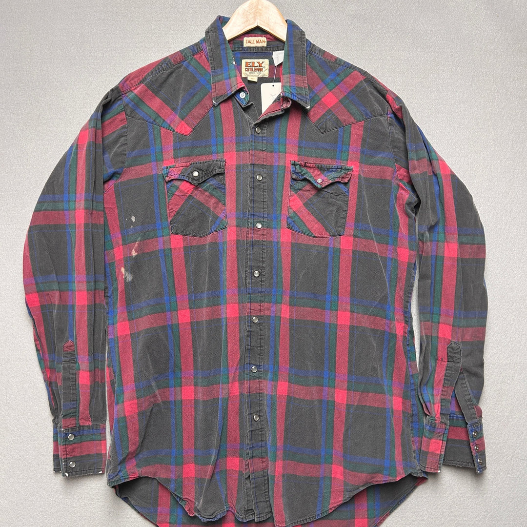 Vintage Ely Cattleman Plaid Pearl Snap Shirt Size XLT