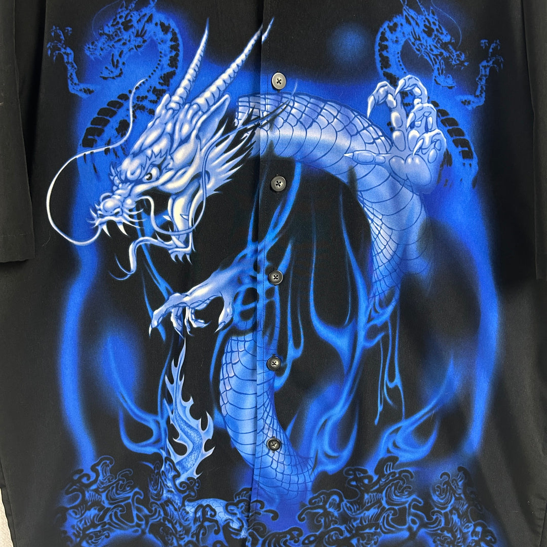 Y2K Men's C-Two Blue Dragon AOP Short Sleeve Button Up Size XL