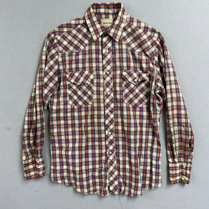 Vintage 90's Frontier Blue Red Plaid Pearl Snap Western Shirt Large