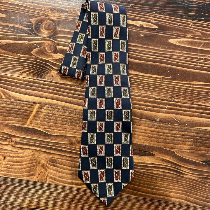 Chaps by Ralph Lauren Dark Navy Print Silk Necktie - 56 in Long