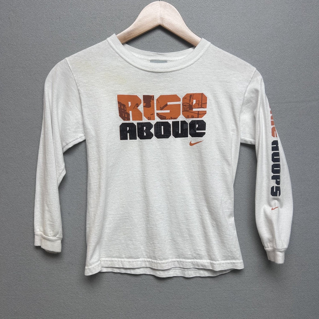 Early 2000's Nike Kids "Rise Above" Long Sleeve Basketball Shirt White Size 6