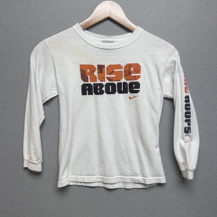 Early 2000's Nike Kids "Rise Above" Long Sleeve Basketball Shirt White Size 6
