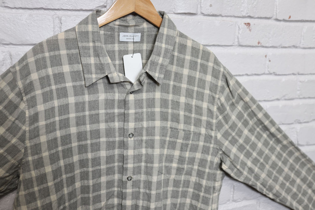 john elliott season 9 grey and white plaid button down shirt size large