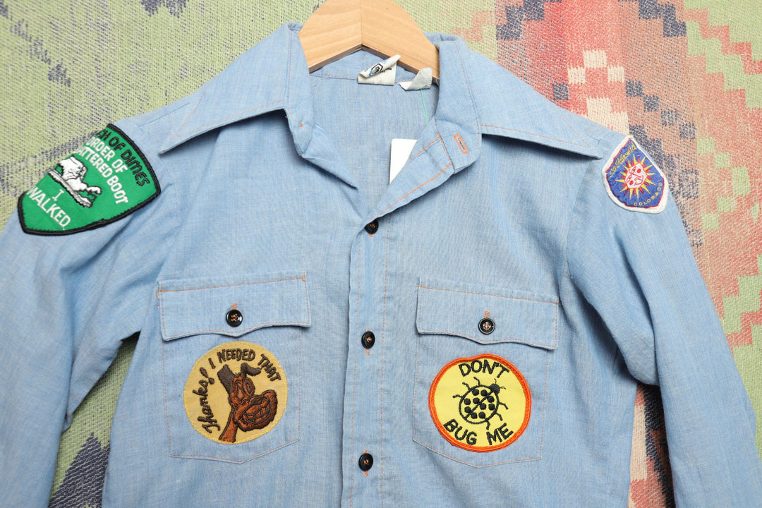 Boy Scouts Patched Vintage Kids Chambray Selvedge Shirt 12 70s Denim