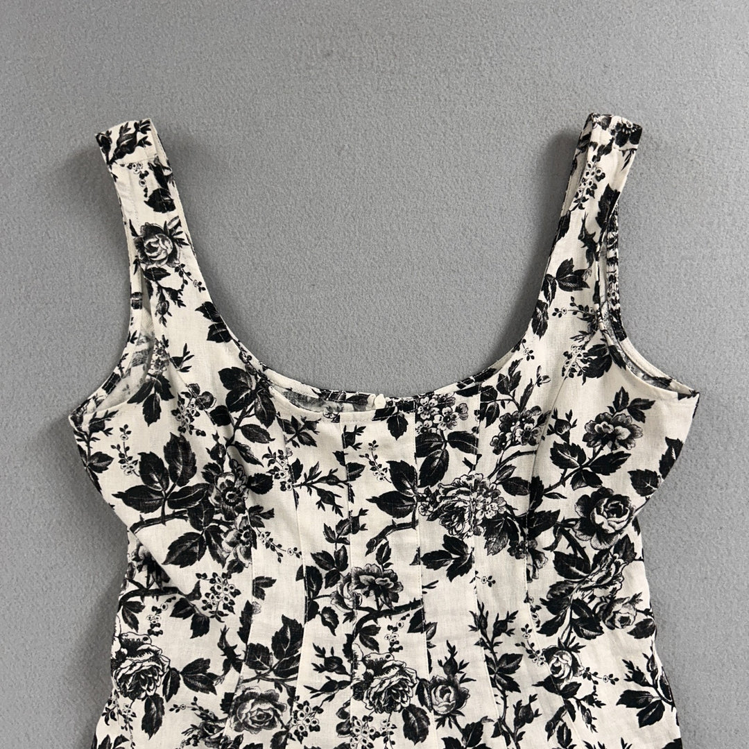 London Times Women's White/Black Floral A-Line Knee Length Linen Dress Size 8