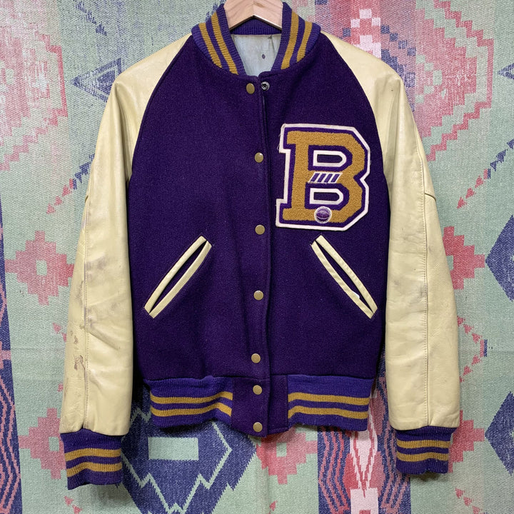 Vintage Purple and Tan B Letterman Jacket Small 60s
