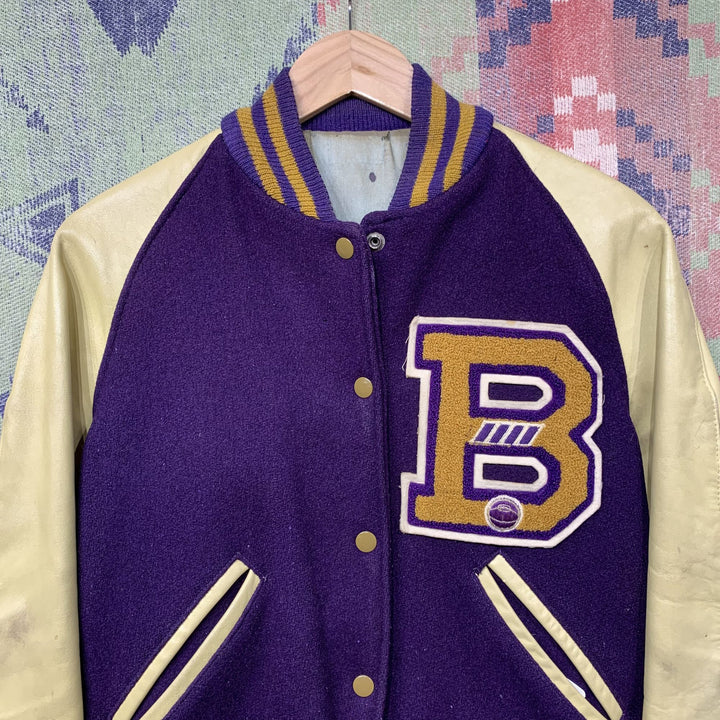 Vintage Purple and Tan B Letterman Jacket Small 60s