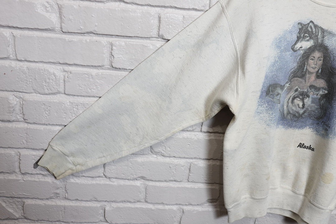 90s stained alaska native american wolves sweatshirt size medium