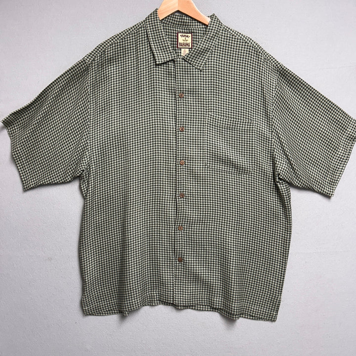 Vintage Tommy Bahama 100% Silk Green Check Pocket Button Up XL