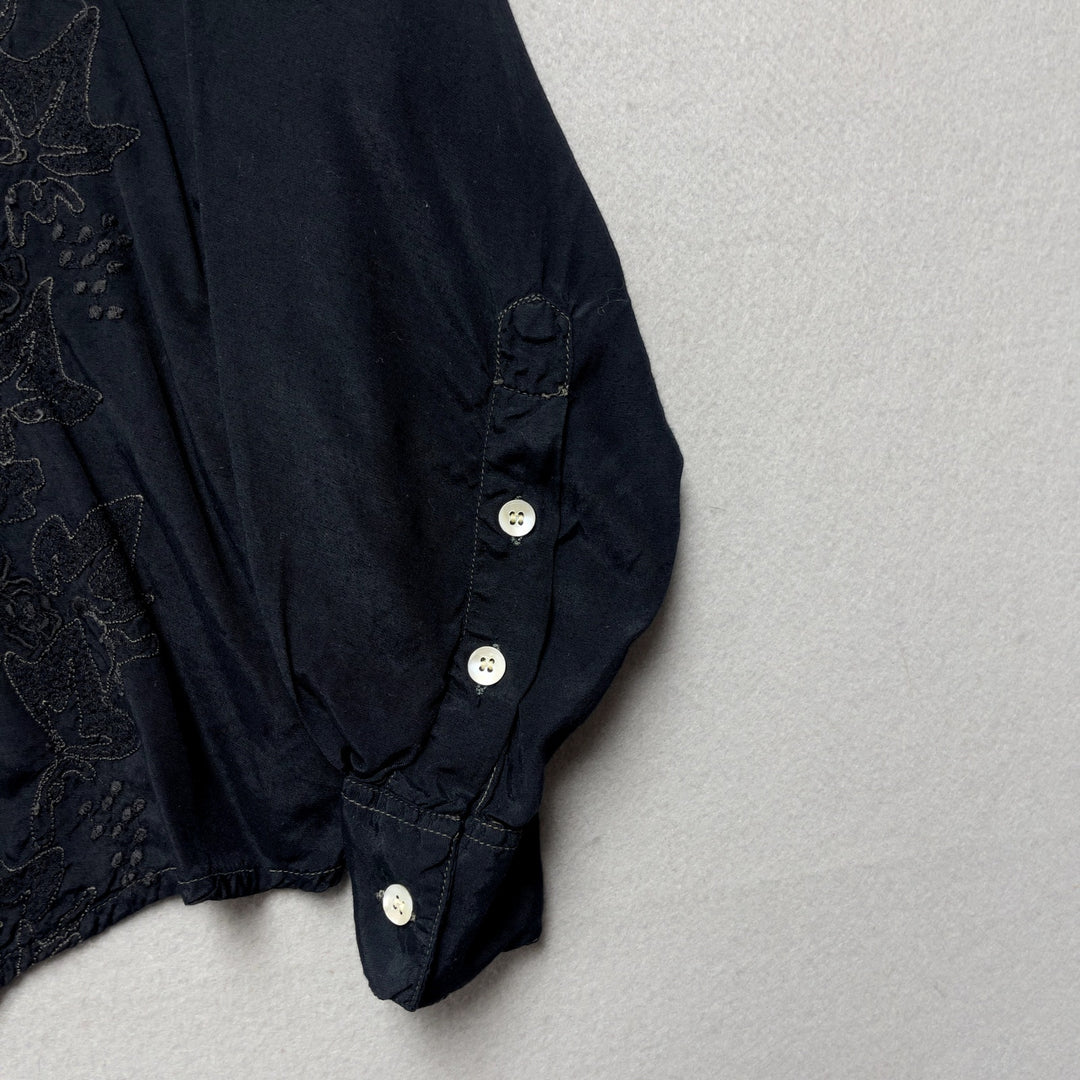 90s Simple Standards Women's Black Floral Embroidered Button Down S