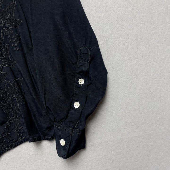 90s Simple Standards Women's Black Floral Embroidered Button Down S