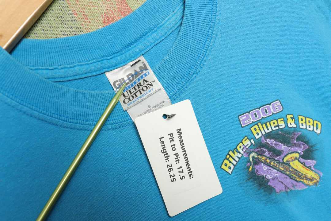 Bikes Blues and BBQ 2006 Vintage T Shirt Small 2000s Blue Biker