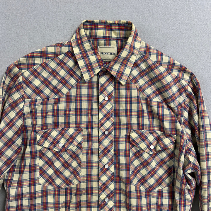 Vintage 90's Frontier Blue Red Plaid Pearl Snap Western Shirt Large