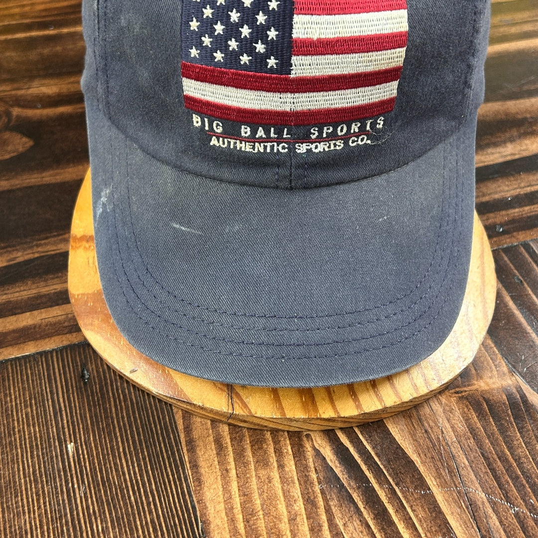 Vintage Big Ball Sports USA Flag Stitched Hat Navy Blue Leather Strapback Cap