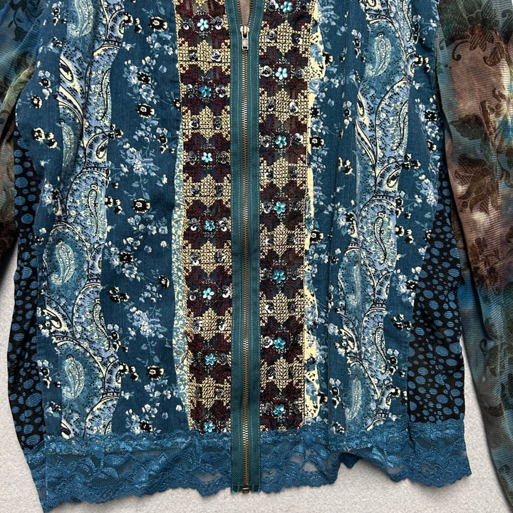 Y2K Women's Jaipur Full Zip Lace Floral Blouse Top Large