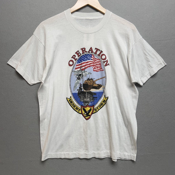 Vintage 90's Opperation Desert Storm Jet Aircraft Carrier Tank White Shirt Sz M
