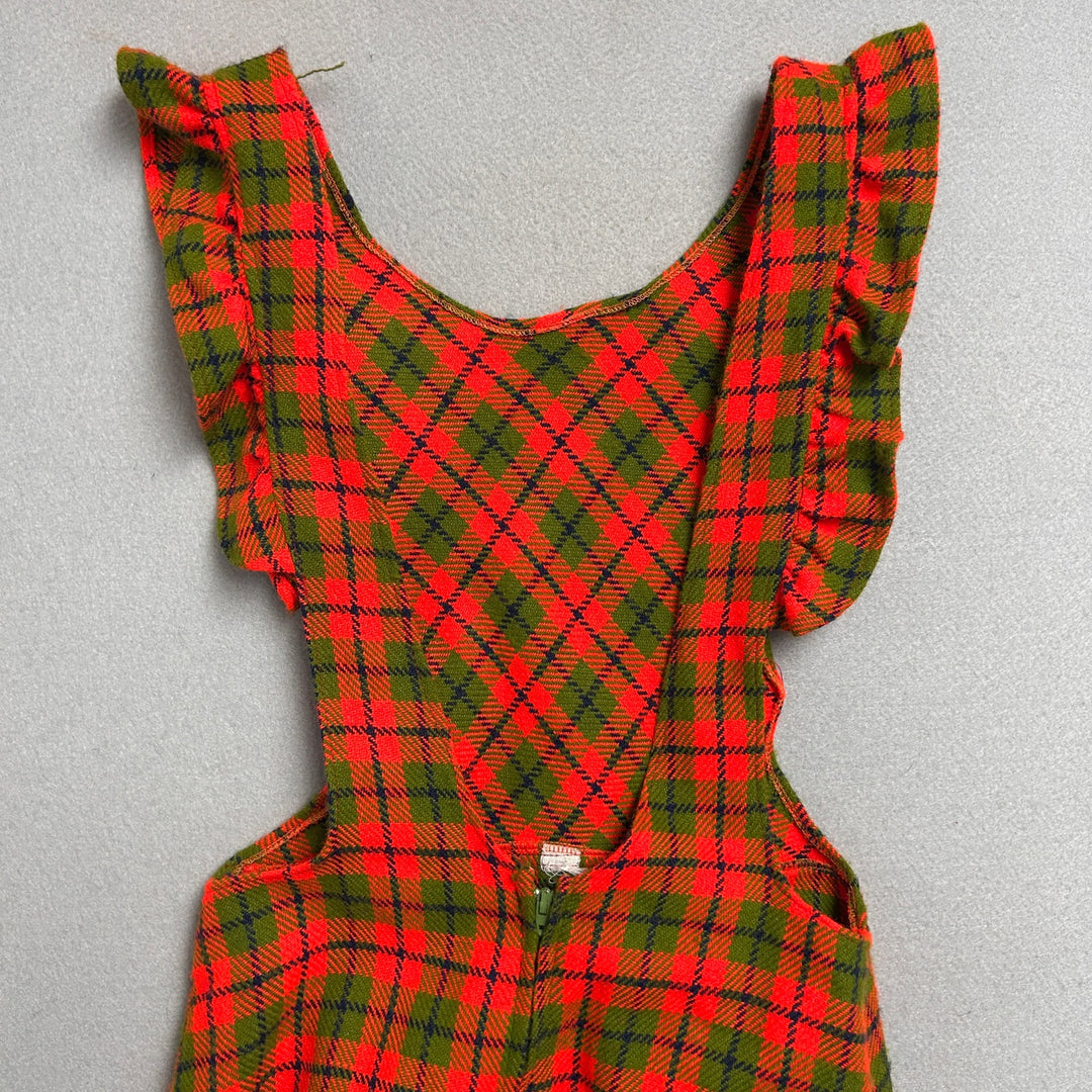Vintage 70's Women's Orange Plaid Kitchen Dress W/ Pockets