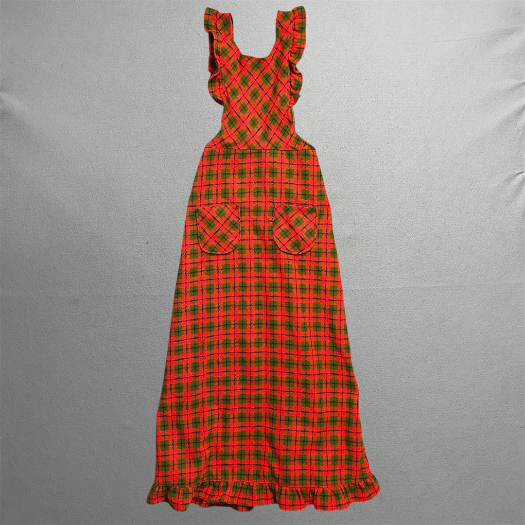 Vintage 70's Women's Orange Plaid Kitchen Dress W/ Pockets