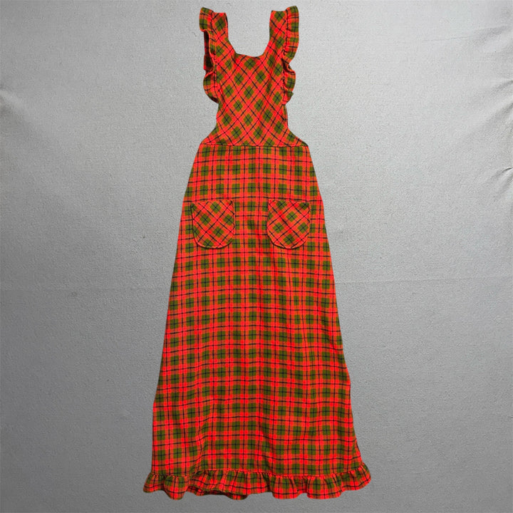 Vintage 70's Women's Orange Plaid Kitchen Dress W/ Pockets