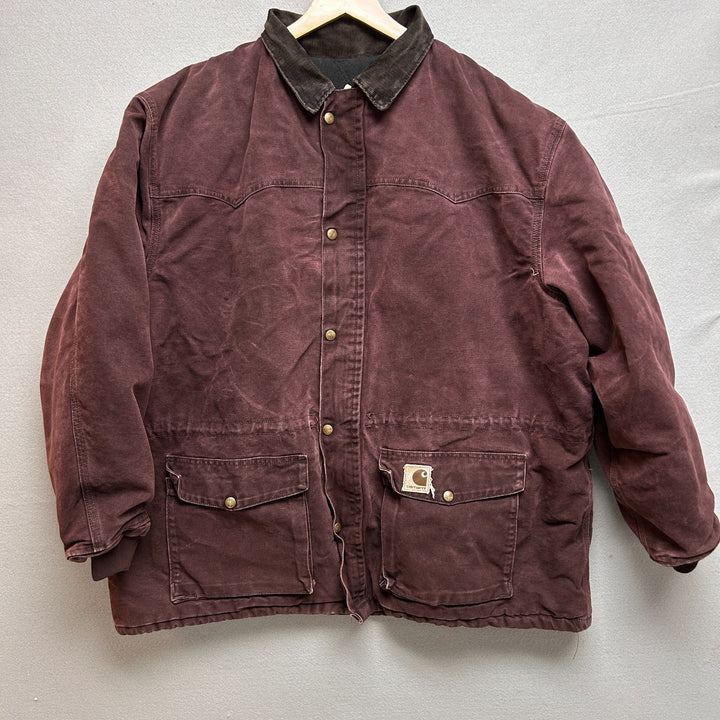 Vintage 90s Carhartt C08BRG Burgundy Barn Jacket Corduroy Collar Size 2XL