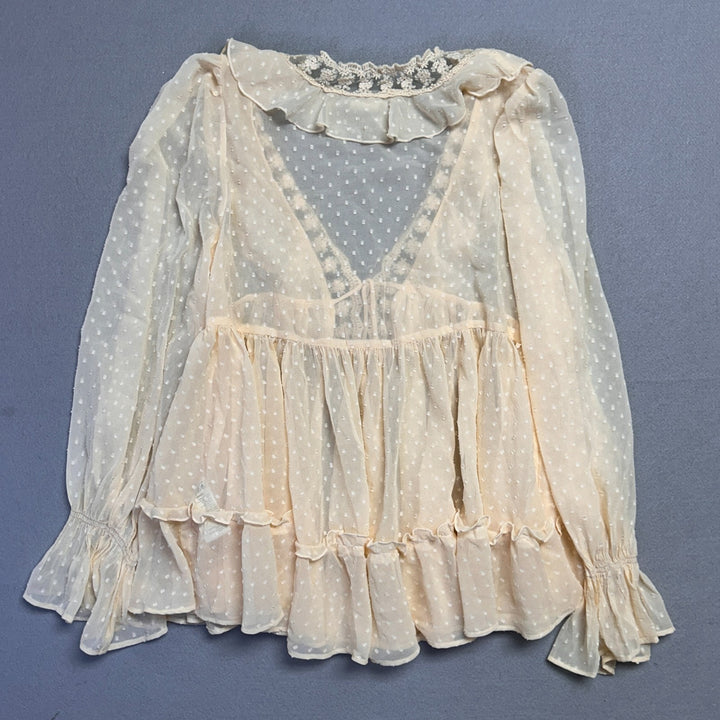 Kimchi Blue UO Womens Mona Sheer Clip Dot Ruffle Babydoll Tunic Blouse Size M