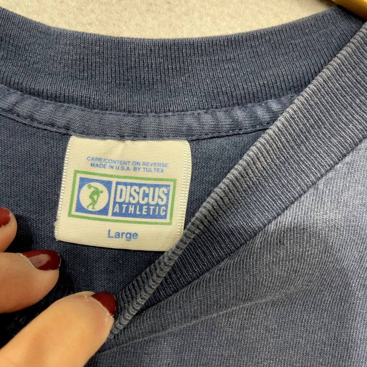 Vintage Discus Athletic Blue Faded Pocket T Shirt Size Large