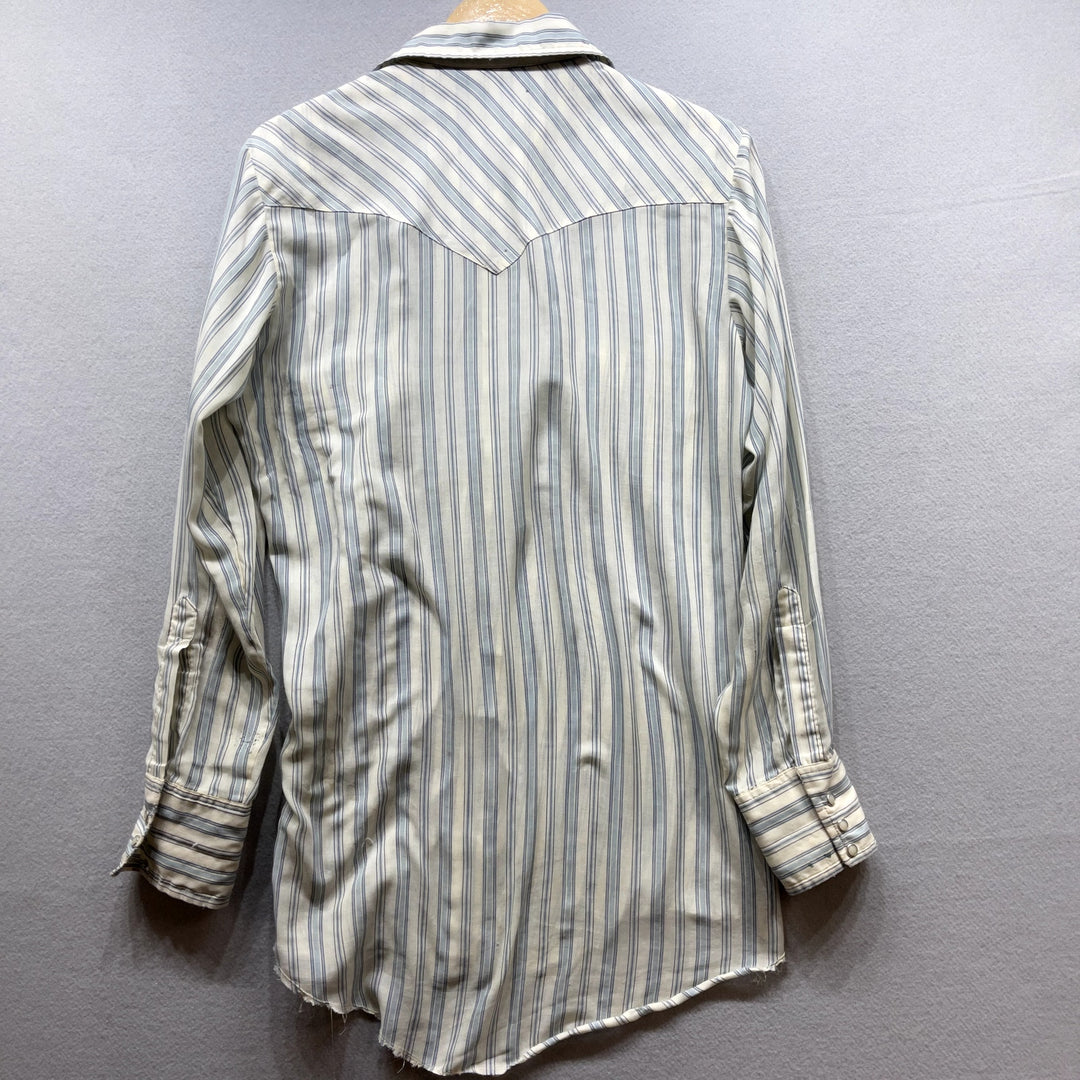 Vintage Men's Blue Stripe Western Pearl Snap Button Up Shirt Distressed Medium