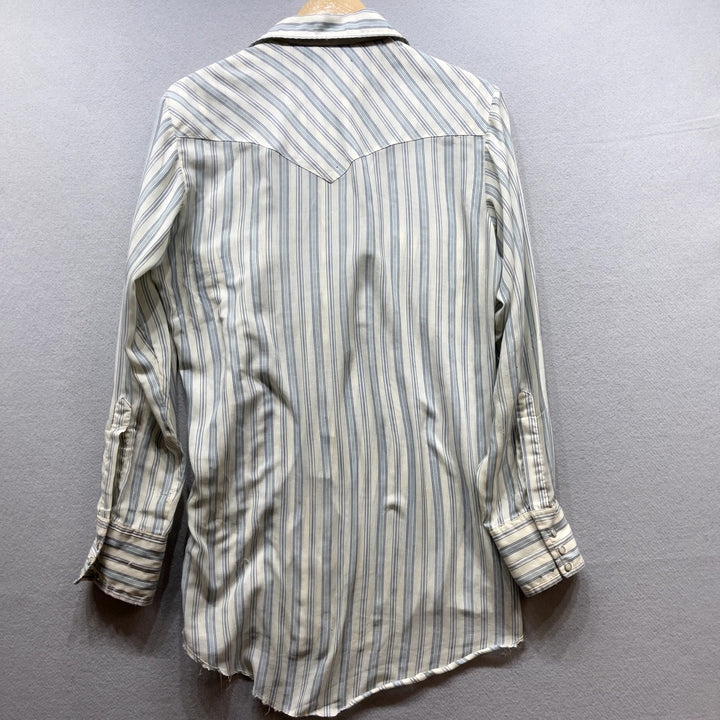 Vintage Men's Blue Stripe Western Pearl Snap Button Up Shirt Distressed Medium
