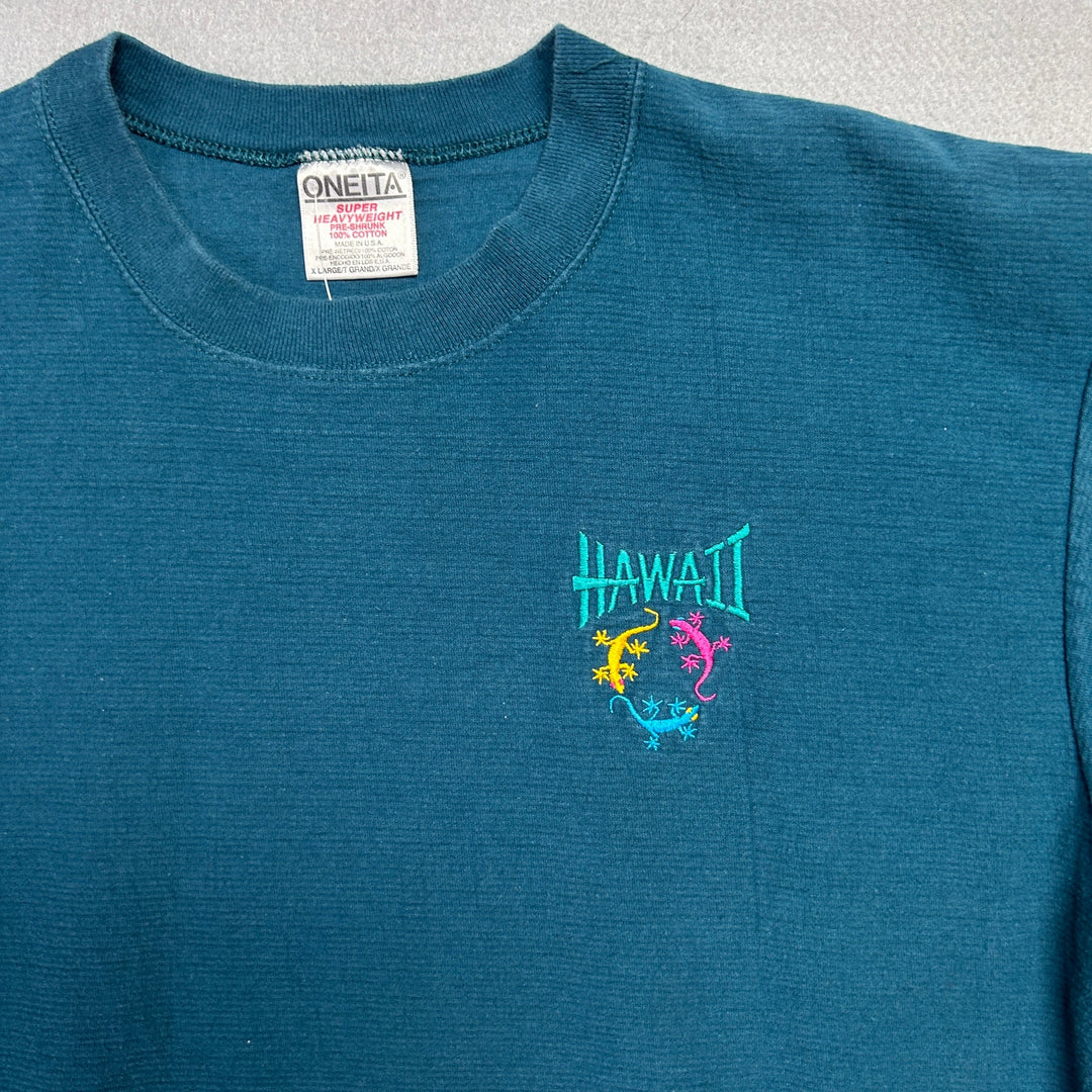 Vintage Hawaii Embroidered Gecko Micro Stripe T Shirt Size XL