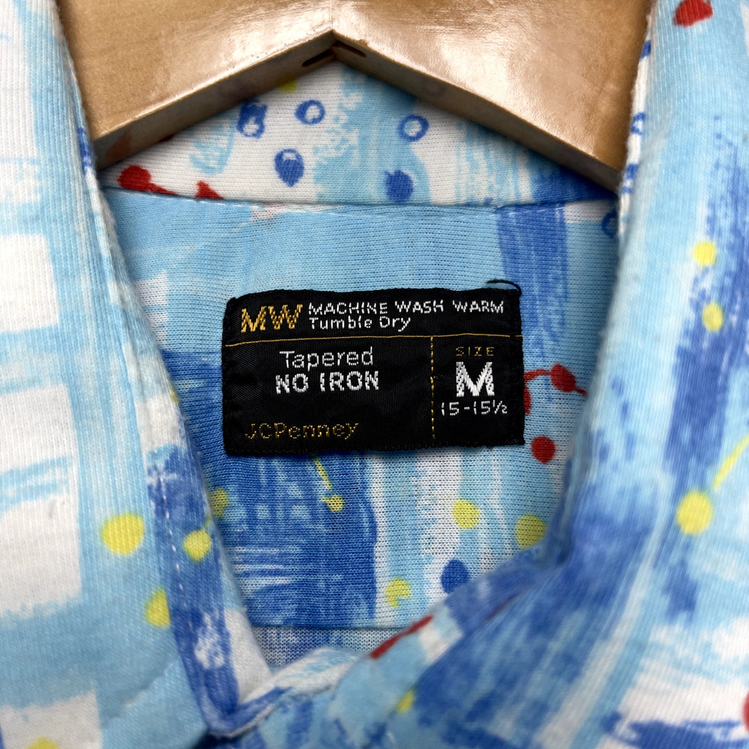70's JC Penney Men's Blue Abstract Art Print Button Down Shirt Size Medium