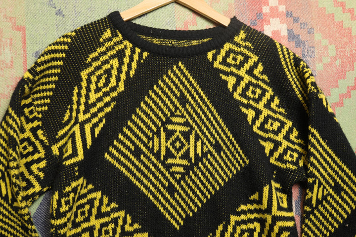 Abstract Pattern Vintage Black Yellow Sweater 80s Small