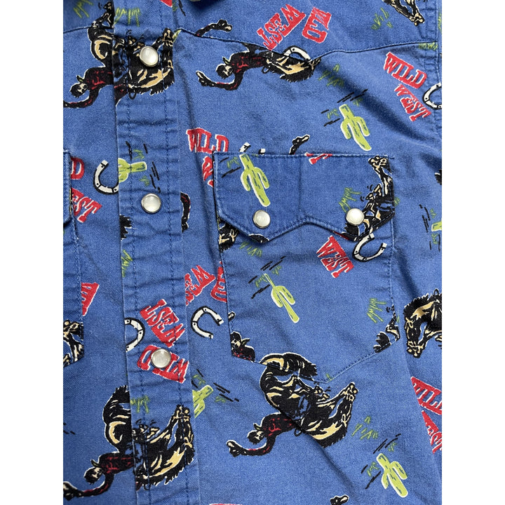 Vintage Rustler Blue Pearl Snap Youth Western Print Shirt Large