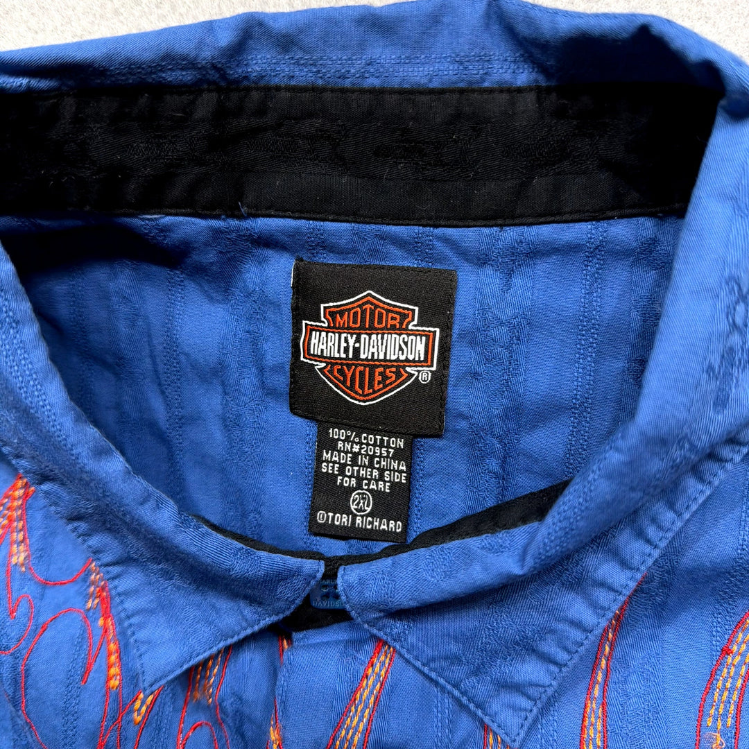 Vintage Harley Davidson Embroidered Flames Y2K Button Up Shirt Size XXL